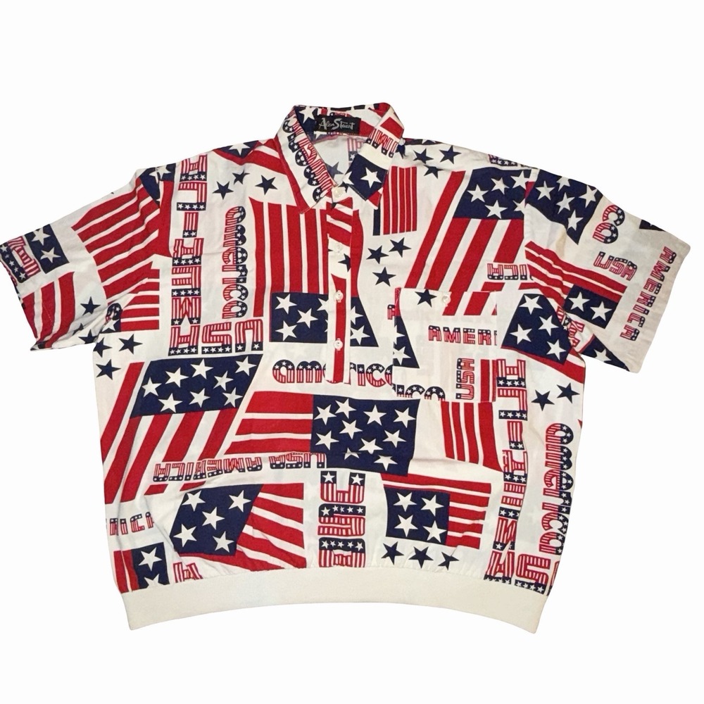 Retro Alan Stuart Patriotic AOP Polo Shirt XL Stars Stripes America Vintage Flag